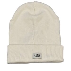 UGG Australia Knit Beanie Hat Cream Off White Logo Patch Cuffed Winter Cap OS